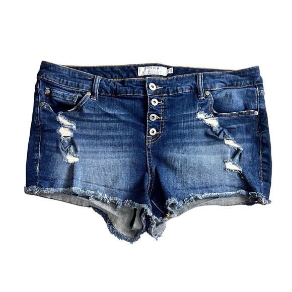 Torrid Distressed Button Fly Jean Shorts Sz 20 Dark Blue Wash Frayed Stretch - Picture 4 of 6